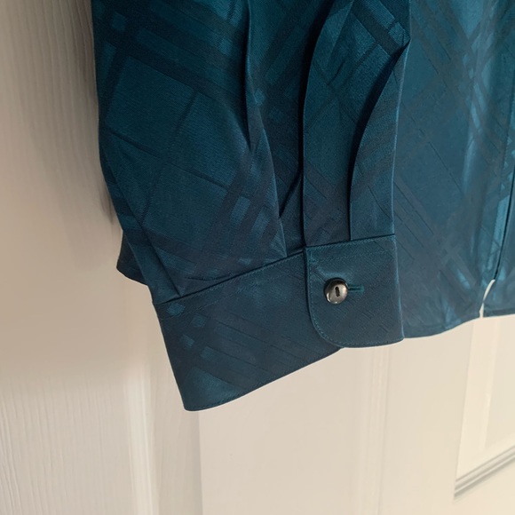 Coldwater Creek Teal Blue Geometric Design  Long Sleeve Blouse Zip Top Size XL - Picture 2 of 8